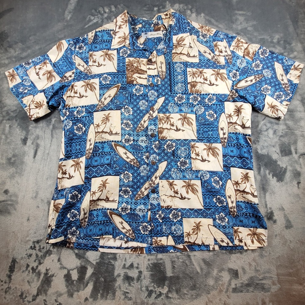 Island Blue Mens Tropical Boat Palm Tree Cotton Hawaiian Shirt‎ Blue L